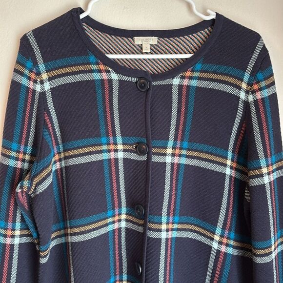 Talbots Multicolor Striped plaid tartan knit cardigan navy Sweater Womens size X - Picture 2 of 9